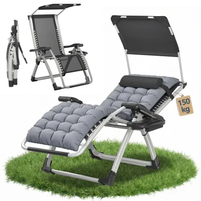 Produktbild von JOIEYOU Relax Liegestuhl klappbar Grau, Gesundheitsliege verstellbar 90–170°, Relaxliege mit Kissen, Tasche, Sonnendach, Saunaliege für Outdoor