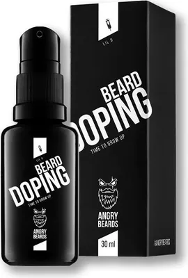 A black bottle of beard growth serum and its packaging are displayed against a white background.