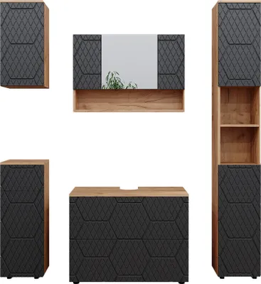 A set of bathroom furniture pieces arranged against a white background.