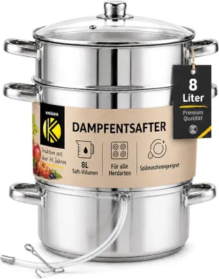 Produktbild von Krüger Edelstahl Dampfentsafter Mainau mit Glasdeckel ? 26 cm (8 L) | PFAS-frei & unbeschichtet | Mit Glasdeckel, Ablaufschlauch & Kapselboden | Induktionsgeeignet | Für Saft, Gelee & Sirup