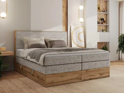Produktbild von MKS MEBLE Boxspringbett WOOD CLASSIC KING, Doppelbett mit zwei Multipocket-Matratze und Topper Visco, hohe Kopfteil, Stauraum - 140 x 200 cm - H4 - Beige Strukture