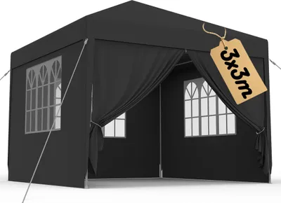 A black pop-up gazebo or party tent with windows and draped sides, shown from a slightly angled front view.