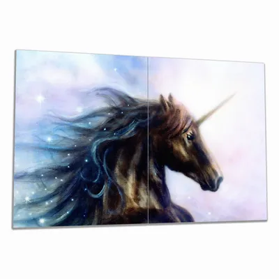 Produktbild von Wallario Herdabdeckplatte aus Glas, Größe 80 x 52 cm 2-teilig, Motiv Einhorn gezeichnet auf Leinwand