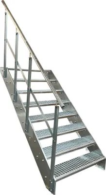 A metal staircase with a handrail against a white background.