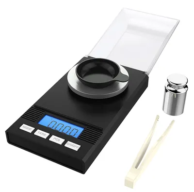Imagen del producto de Balanza digital de precisión para pesar en miligramos, mini balanza para joyería, polvo de oro, con pesos de calibración, pinzas, bandejas de pesaje y pantalla LCD