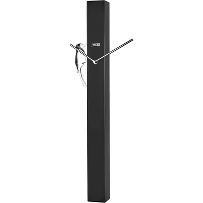 A black, vertical, minimalist clock with silver hands and a small bird figure attached to the side.