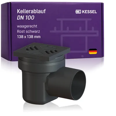 Produktbild von KESSEL Kellerablauf DN 100 kompakt 138x138 mm, K 3, Artikel 36501, Bodenablauf, Geruchsverschluss, Schlitzrost Kunststoff schwarz, teleskopisch