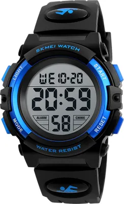A close-up studio shot of a digital sports watch for children.