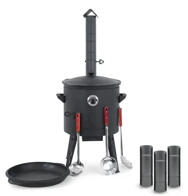 Produktbild von Posylka.de Feuerstelle Utschak Ø 40 cm Kasan 12 L flach Gussdeckel-Pfanne Langrohr Kellen, (12-St)
