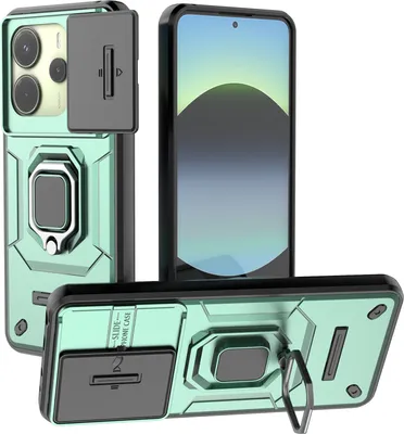 Obrázek produktu pro Pouzdro pro Xiaomi Redmi Note 14 4G dvouvrstvé pouzdro s posuvnou ochranou kamery a držákem prstenu, stojánek zelené
