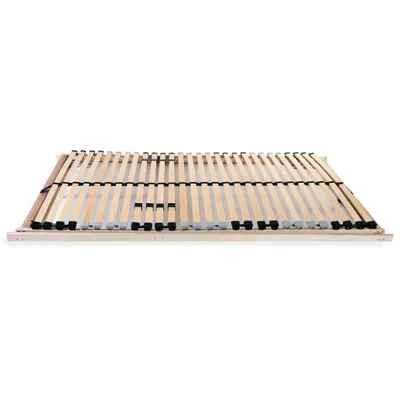 A wooden bed frame slatted base is shown against a white background.