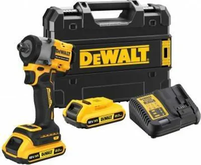 A Dewalt impact wrench kit with a case, battery, and charger.