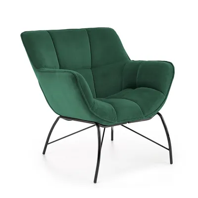A dark green armchair with a quilted design and black metal legs, shown against a white background.