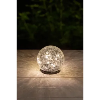 A glass sphere with embedded lights sits on a wooden surface, with dark foliage in the background.