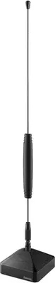 A black DVB-T/DVB-T2 antenna with a square base and a telescopic rod.