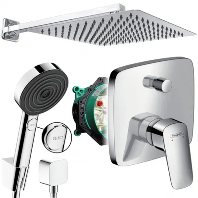 A collage of shower system components including a shower head, hand shower, and shower valve.