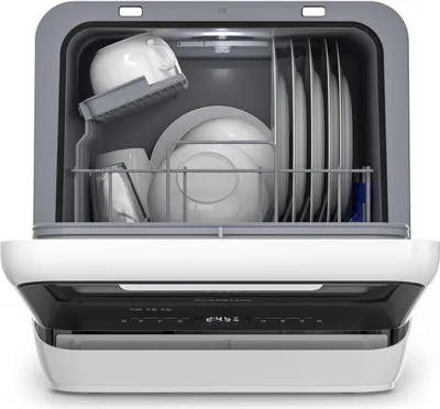 An open dishwasher filled with dishes.