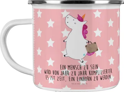 Produktbild von Mr. & Mrs. Panda Tasse Emaille Einhorn Koffer - Rot Pastell - Geschenk, Abenteuer, Teetasse, Unicorn, Einhörner, Spaß, Outdoor Becher, Pott, Haferl