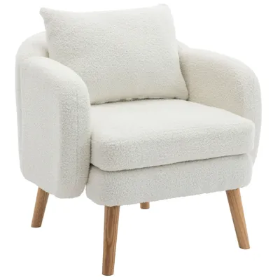 Produktbild von Einfacher Teddy-Samt Sessel, Extradicke Sitzkissen, Freizeitstuhl mit massiven Holzbeinen, Gepolsterter Sitzkomfort Einzelsofa,Weiß