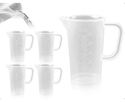 Obrázok produktu pre Odmerný pohár z plastu, objem 100 ml, 4 kusy, priehľadný, s rukoväťou a váhou