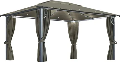 Produktbild von vidaXL Pavillon mit Vorhängen & LED-Lichterkette 400x300 cm Taupe Alu