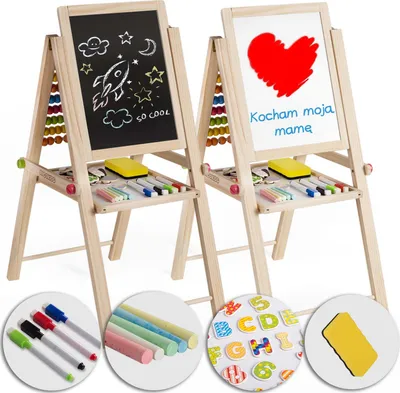 Two wooden easels with black and white boards, displaying drawings and text, with various art supplies shown in inset circles.
