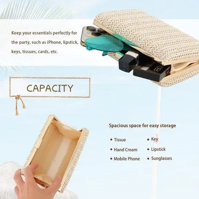Immagine prodotto di Ibenzoa® Pochette in paglia, 23 x 5 x 19 cm – leggera pochette estiva con tracolla a catena rimovibile di 120 cm e chiusura in metallo – ideale come borsa a tracolla o pochette da sera