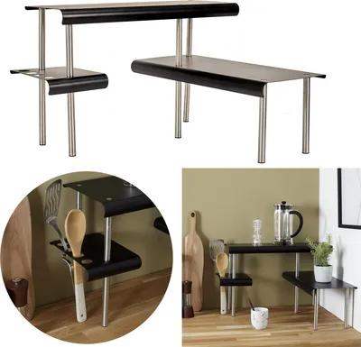 Produktbild von Küchen-Organizer-Regal mit Halter für Küchenutensilien – 50 x 50 x 30 cm – Kompaktes Tischsystem mit zwei Ebenen – Schwarz