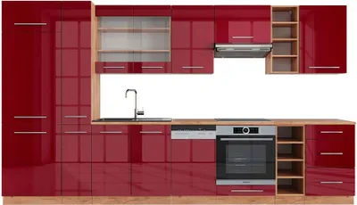Produktbild von Küchenzeile Vicco Fame-Line Bordeaux Hochglanz/Goldkraft Eiche 355 cm , AP Eiche, Model 49312