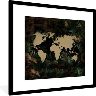 Produktbild von MuchoWow® MuchoWow® Gerahmtes Poster Weltkarte - Pflanzen - Blumen 40x40 cm - Poster mit zchwarzem Bilderrahmen - Poster - Plakat im Rahmen
