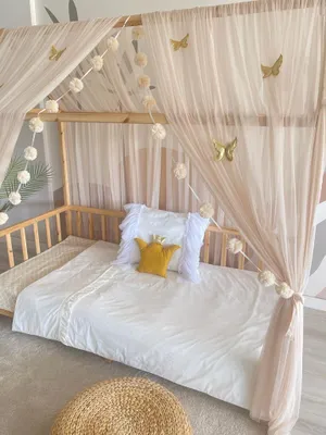 Produktbild von Hausbett Himmel Betthimmel beige für Kinderbett Kinderzimmer Baldachin Bettvorhang Betthimmel für Mädchen Prinzessin Zimmer