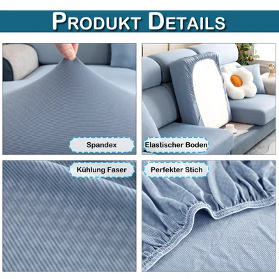 Produktbild von Sofa Überzug Kühlend Sommer für Chaiselongue Universal, Sofa Bezug Gummiband rutschfest, Sitzkissen Bezug Elastisch Reißfest Blau