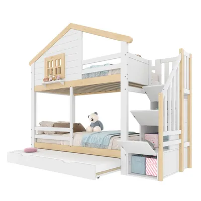 Produktbild von Etagenbett, 90x200cm,kinderbetten, Bettgitter,Ausziehbares Bett, Stauraumleiter, Fenster, Hausleiste, Weiß + Natur