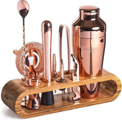 Productafbeelding van Cocktailshakerset, 10-delig - Thuisbartender set met bamboestandaard en mixaccessoires