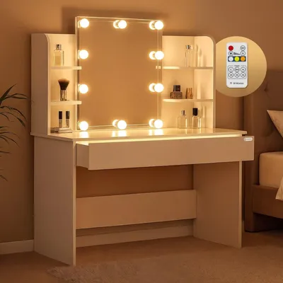 Produktbild von CASARIA® Schminktisch mit Spiegel LED Beleuchtung Fernbedienung Schublade Beleuchtet Organizer Weiß Frisiertisch Ablagen 110x40cm Kosmetiktisch Holz