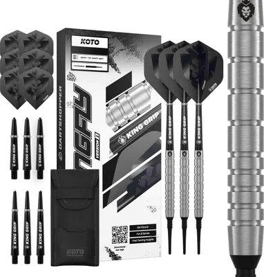 Produktbild von KOTO - Kingfly V1 90% Softdarts,18 G, Silber, Soft Tip Dartpfeile Inkl. 3 Barrels, 2 Sets Flights + Schäfte & Dartwallet, Firm Ringgrip
