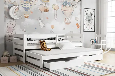 Produktbild von Kinderbett »Funtionsbett Ausziehbett SENI für 2 Kinder 90x200 Weiß« (Set, Bett mit Lattenrost, 2 Schubladen, Rausfallschutz)