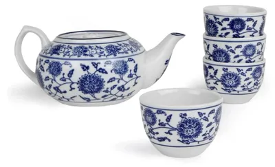 Produktbild von 5-teiliges Tee-Servierset im asiatischen Stil mit Chinadekor, weiß