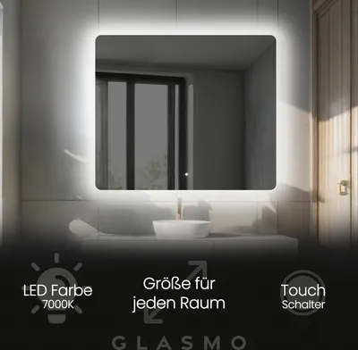 Produktbild von Badspiegel mit LED Beleuchtung 190x100 cm Faye - Horizontal Abgerundet Spiegel mit Beleuchtung - Kaltweiß 7000K - Badezimmerspiegel Lichtspiegel mit Touch Schalter