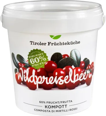 Produktbild von Unterweger Wildpreiselbeeren Konfitüre 1000g – 60% Fruchtanteil, glutenfrei, ohne Gentechnik