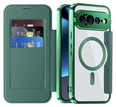 Produktbild von Klapphülle für Google Pixel 11 Pro XL Kompatibel mit Magsafe, Klar Überzug Kartenhalter Ledertasche mit Kameraschutz Grün