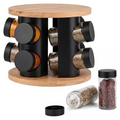 Produktbild von Relaxdays Gewürzkarussell, 8 Gläser, 360° drehbarer Gewürzständer, HD: 16x19,5 cm, Bambus & Edelstahl, natur/schwarz