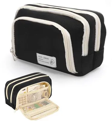 Image de Trousse noire à 3 compartiments, grande capacité, pour filles, garçons, adolescents et adultes. Trousse pour l'école et le bureau.