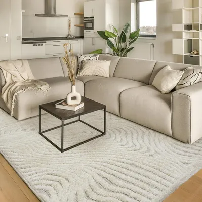 Produktbild von Teppich Wohnzimmer - 200x300 cm - Creme - Geometrisches Muster - Allergikerfreundlich - Leicht zu Reinigen - Waschbar - Weicher Teppich