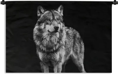 Produktbild von MuchoWow® Wandteppich Wandbehang Wolf - Tiere - Wild - Schwarz - Weiß 150x100 cm Tapisserie Dekoration Wandtuch - Waschbar - Tapisserien - Wand-Decke
