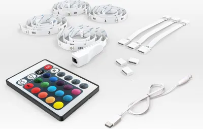 Immagine prodotto di LED TV retroilluminazione, Striscia LED RGB alimentazione USB, set 4 pezzi da 50cm accorciabili, telecomando, 16 colori, 4 modalità , dimmerabile e adesiva, per HDTV e monitor PC, 36 LED, IP20