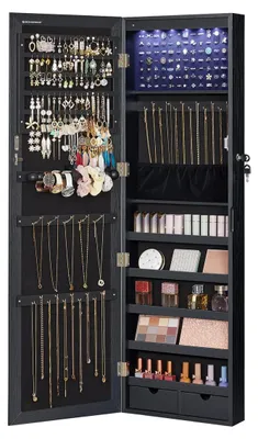 Imagen del producto de Espejo joyero de pared negro con luces LED y cerradura