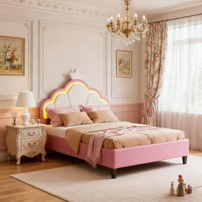 Obrázok produktu pre INONEFT Detská postel, čalúnená posteľ 90x200 cm, jednolôžková posteľ "Princezná" s LED osvetlením, posteľ pre dievčatá s nastaviteľnou opierkou, dizajn s korunami, zamatová ružová farba