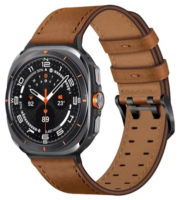 Image de Bracelet en cuir véritable avec double fermeture pour Samsung Galaxy Watch 8 / 8 Classic réglable brun