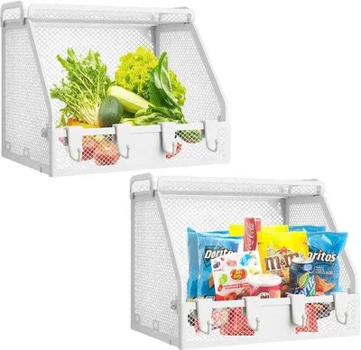 Produktbild von Famanu Aufbewahrungskorb Set von 2 – Faltbarer Küchenorganizer mit Haken – Für Obst, Gemüse und Snacks – Weiß
